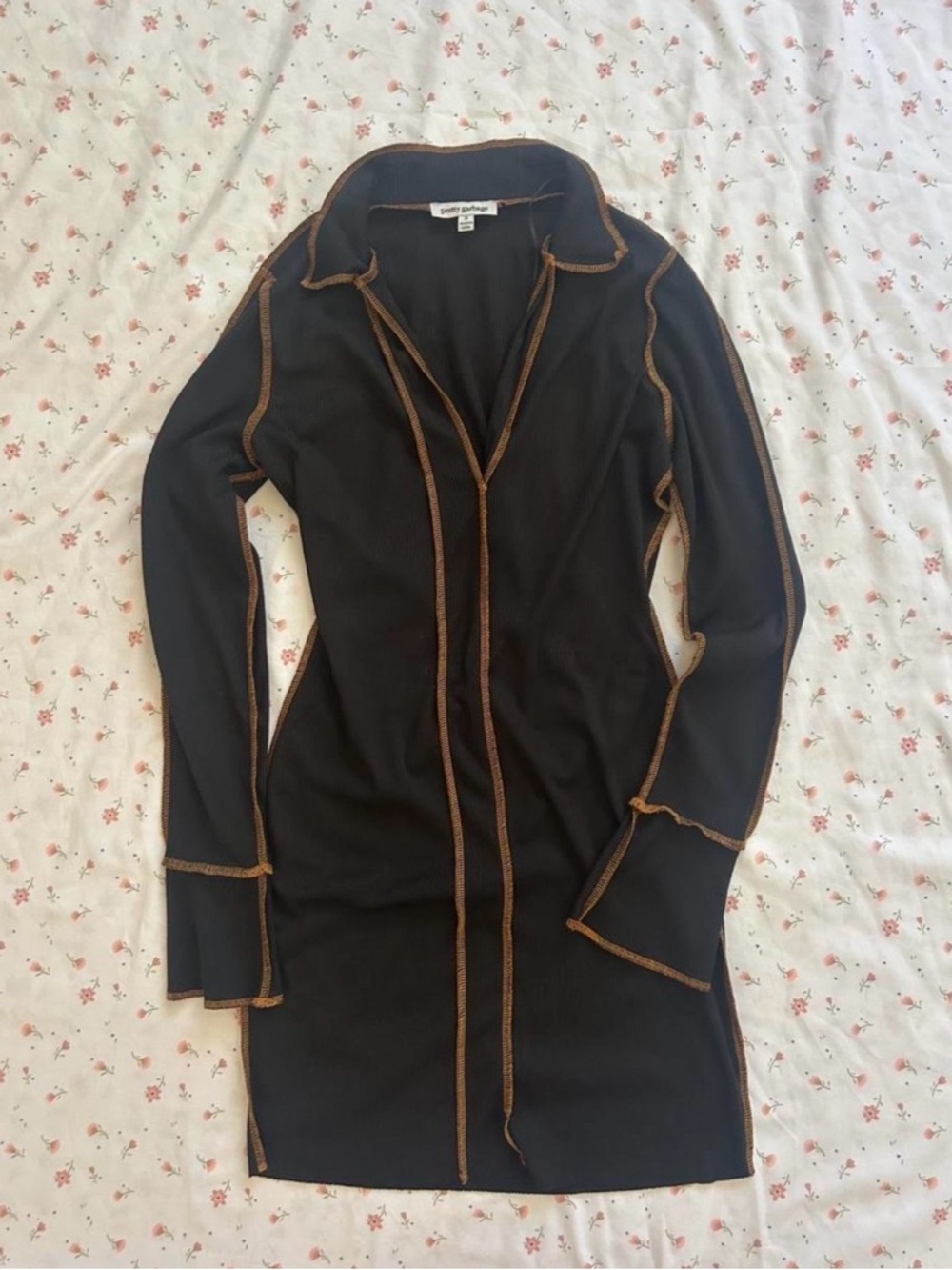 Black Long Sleeve Dress with Brown Contrast Topstitching